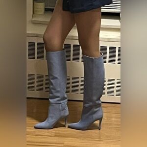Chic Baby Blue Suede Heeled Women's Boots